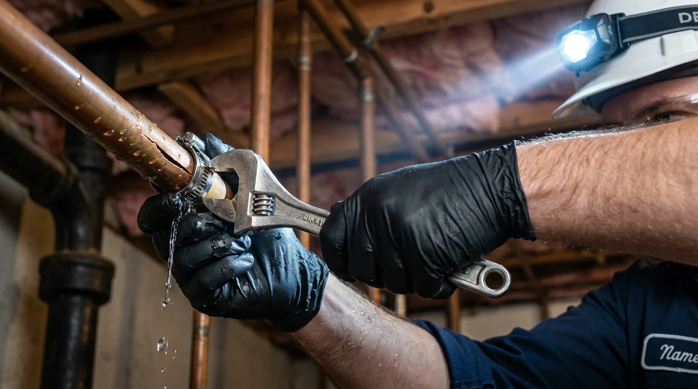 Emergency pipe clamp repair being performed by a Johns Plumbing LLC plumber in Leadville